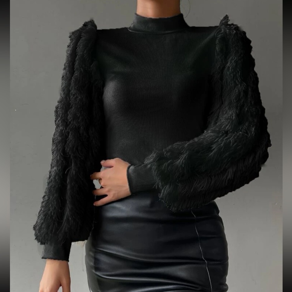 Cozy Faux Fur Fuzzy Long Puff Cuff Sleeve Mock Neck Top Blouse Shirt Black - Picture 1 of 16